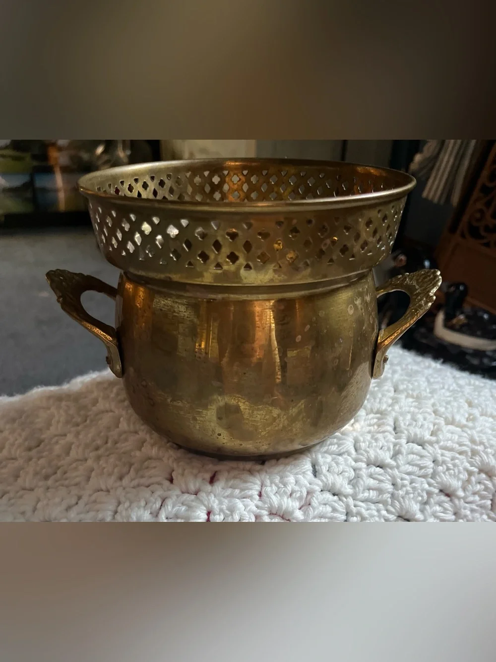 Solid Brass Decorative Pot with Pierced Rim